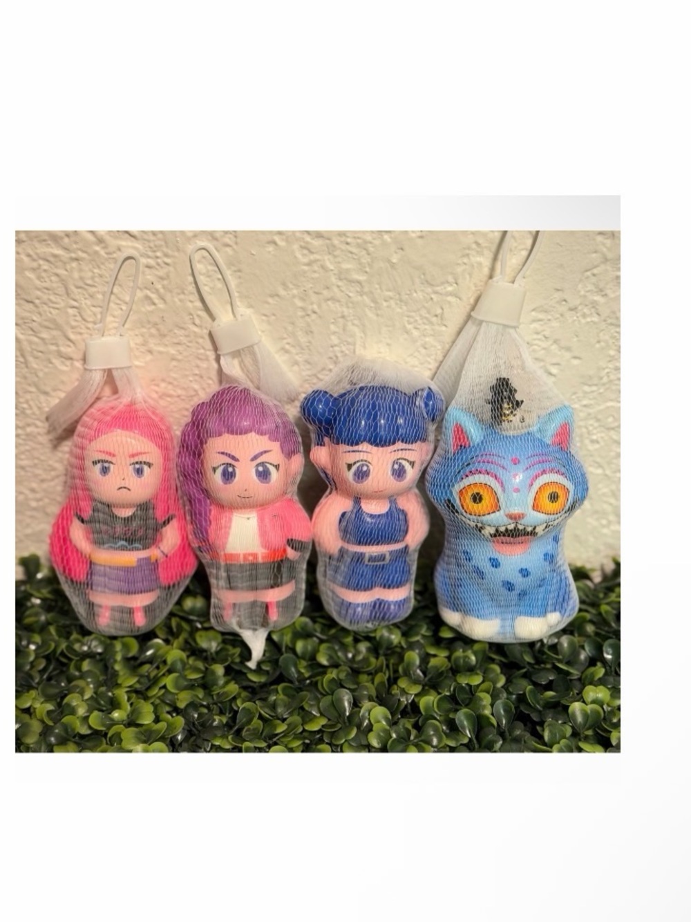 Set of 4 Plush Character Squishys  Toys in Pink, Purple, Blue